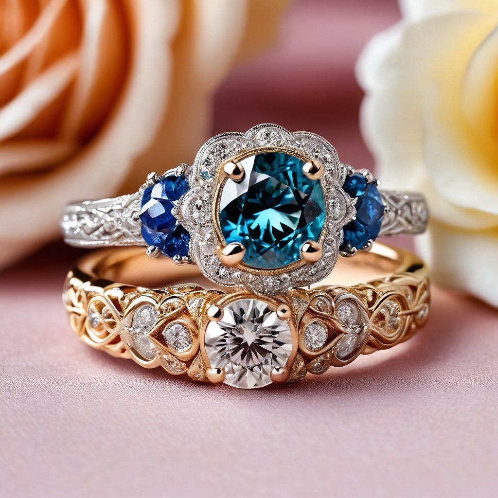 A beautiful display of vintage and bespoke engagement and wedding rings, showcasing an array of styles and settings from classic to modern. The background features a soft, elegant fabric draping that contrasts with the rings, highlighting their intricate details. Include delicate floral accents to add a touch of romance and luxury. Emphasize shimmering gemstones and unique designs. vibrant colors. super-realistic.