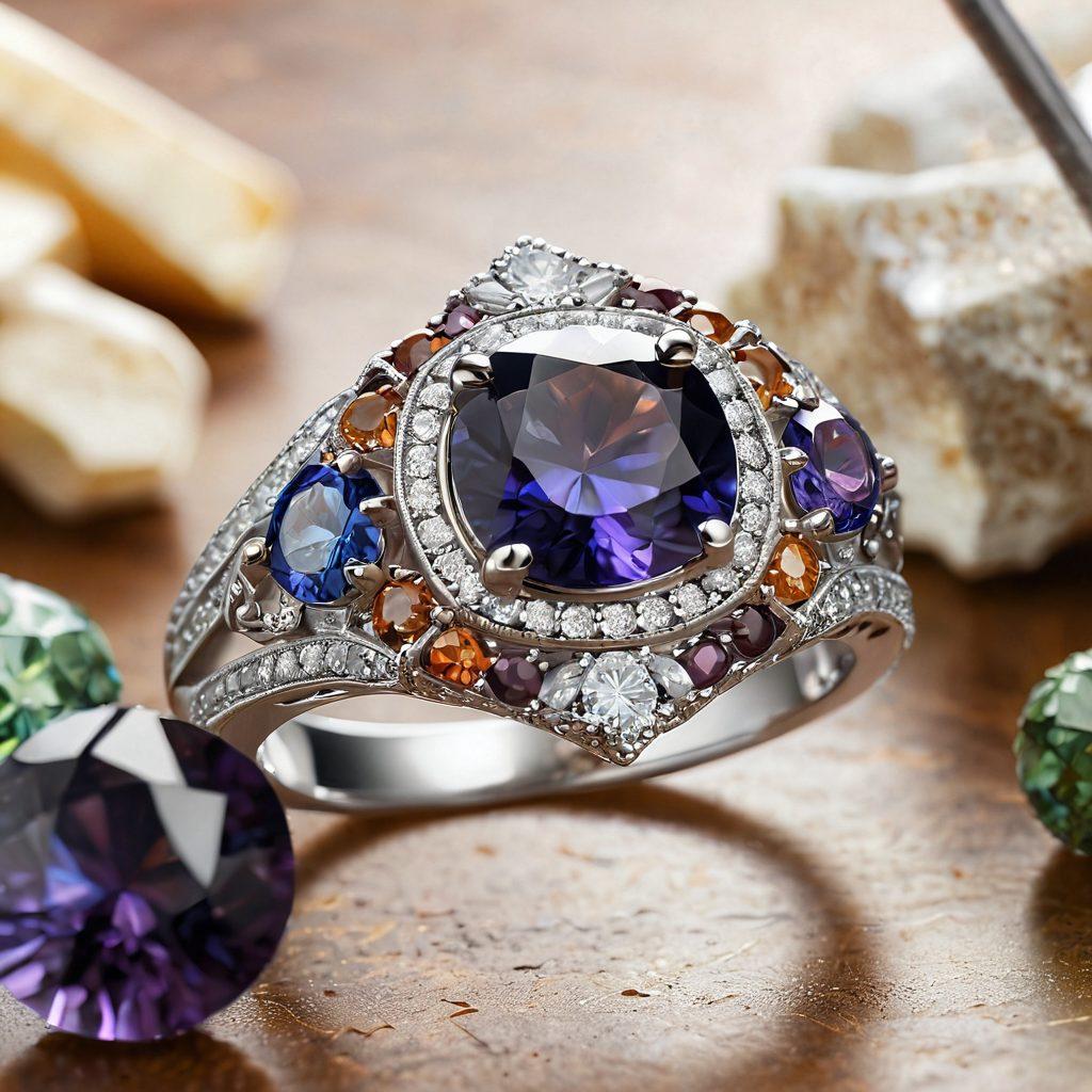 A close-up of a beautifully crafted custom ring, surrounded by an array of gemstones and tools symbolizing personalization, with a soft-focus background showcasing a workshop setting. The warm lighting highlights the intricate details of the ring, and delicate hands are seen carefully selecting stones. enhance with an artistic flair of elegance and creativity. super-realistic. vibrant colors.