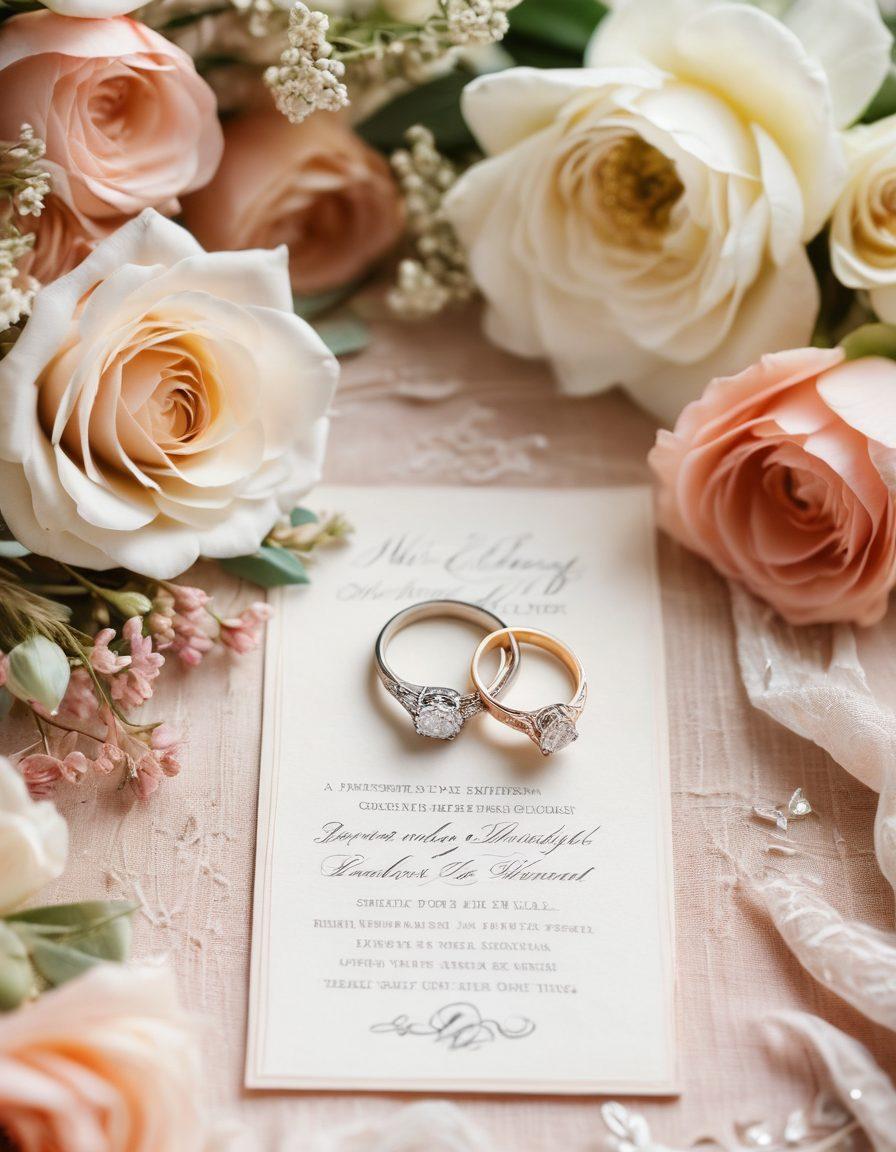 A beautifully arranged flat lay of unique wedding and engagement rings surrounded by delicate flowers and soft, luxurious fabrics, showcasing the intricate details of the rings. The scene conveys a sense of romance and celebration, with warm lighting highlighting the sparkle of the gems. Include a handwritten note with a love quote for an intimate touch. vintage style. soft focus. pastel colors.